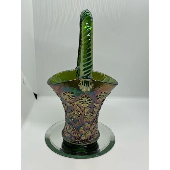 IMPERIAL CARNIVAL GLASS "HELIOS GREEN" GOLD IRIDESCENT BASKET-DAISY PATTERN 10” - Picture 6 of 9